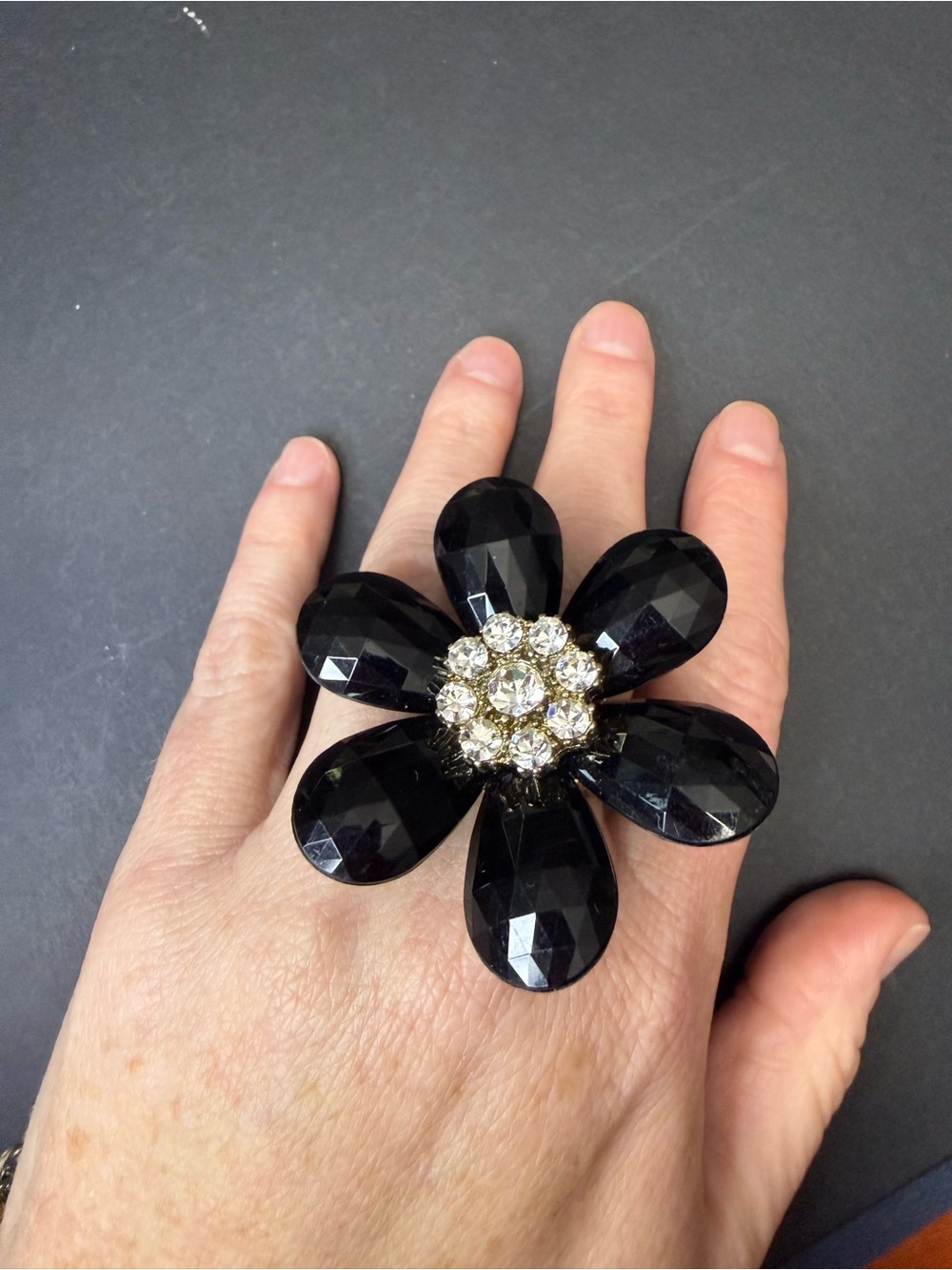New Large Black Crystal Flower Stretch Ring - Women's Jewelry